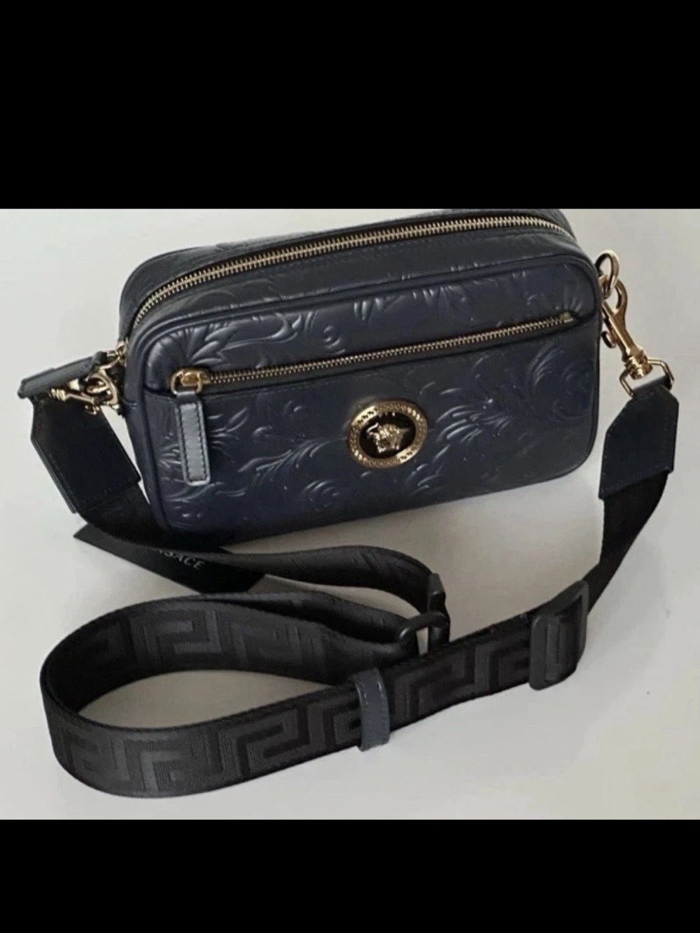 Versace Navy Embossed Medusa Camera Bag with Logo Strap 1500 Retail Brand new